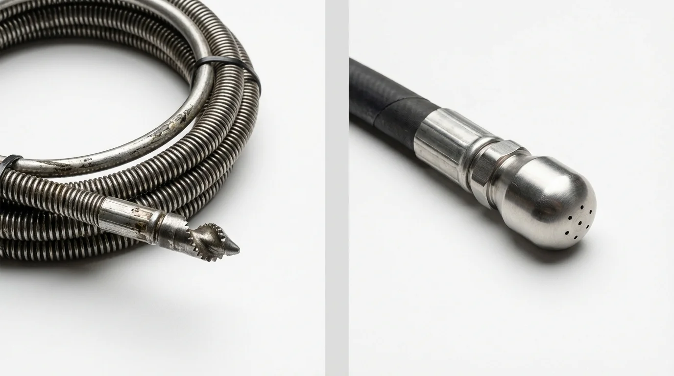 Drain snake cable and hydro jetting nozzle used for drain cleaning in Stamford, NY