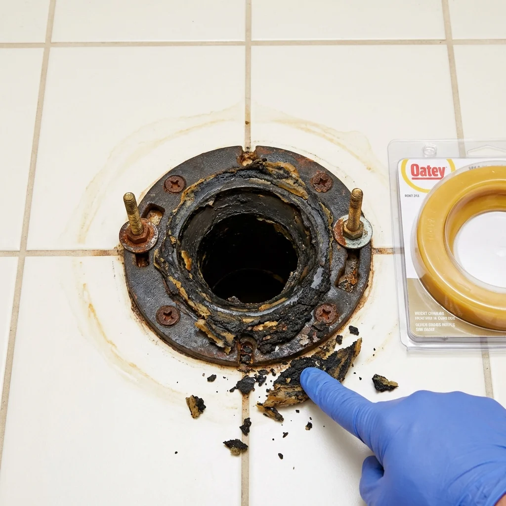 Failed wax ring showing water seepage at the base of a toilet in a Stamford, NY home