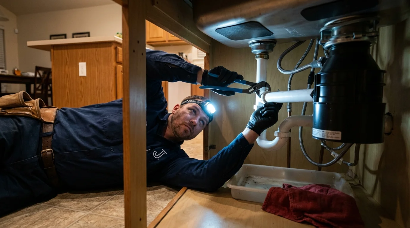 P-trap and supply line connections under a kitchen sink showing a common leak point in Stamford, NY